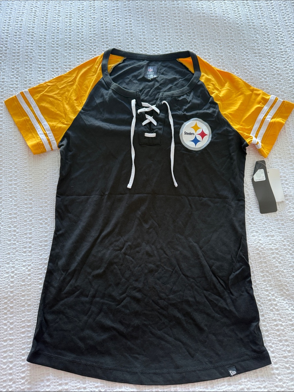 Pittsburgh Steelers Lace-Up Raglan Tee in Black and Gold